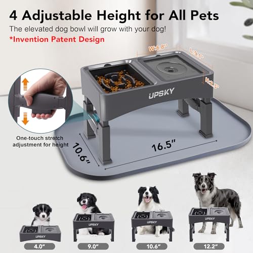 UPSKY 3-in-1 Elevated Dog Bowls with Mat, Large 24 x 16 Inches, 4 Height Adjustable Stand with Slow Feeder, Stainless Steel Bowl for Small to Medium Dogs, Grey - color: N-3 in 1 with Mat (Grey)