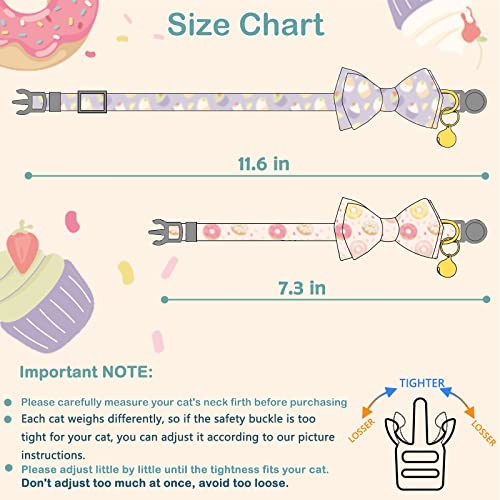 Faygarsle 2 Pack Cute Cats Collar with Bell Breakaway Bowtie Cat Collars for Male Female Cat Soft Fancy Pink Purple Cat Collar with Ice Cream Doughnuts Pattern Summer Cat Collar for Boy Girl Cats - color: Ice Cream&Doughnuts