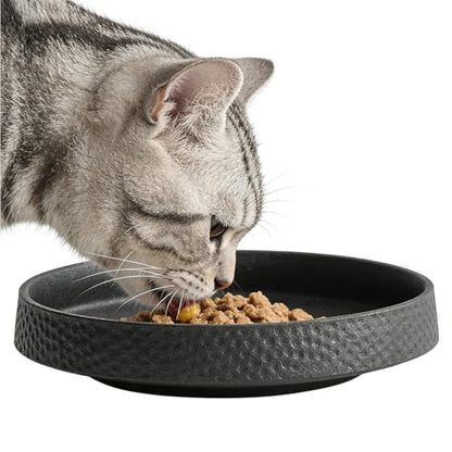 8 Inch Wide Ceramic Cat Bowl, Whisker Fatigue Relief Shallow Cat Food Bowl, Heavy Weight Non-Tip Pet Feeding Bowl, Matte Black Hammered Texture Cat Water Bowl for Cats & Small Dogs