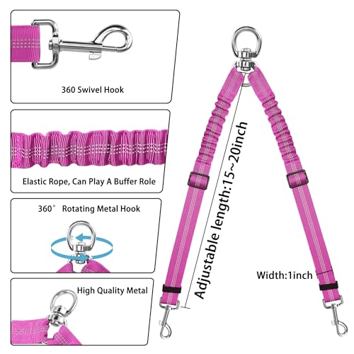 YAODHAOD Double Dog Leash,Two Dog Leash Splitter, No Tangle 360° Swivel Rotation Reflective Lead, Adjustable Length Bungee Heavy Duty Walking Training Dual Extension (Rose Red) - color: Rose Red