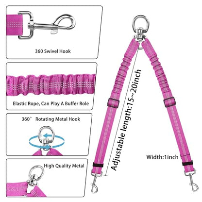 YAODHAOD Double Dog Leash,Two Dog Leash Splitter, No Tangle 360° Swivel Rotation Reflective Lead, Adjustable Length Bungee Heavy Duty Walking Training Dual Extension (Rose Red) - color: Rose Red