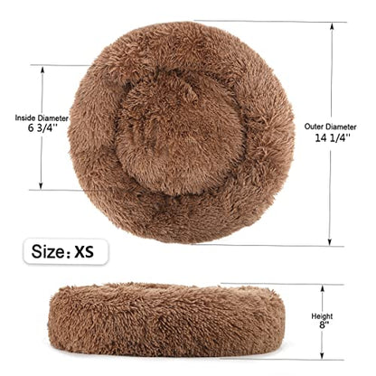 Calming Donut Dog Bed for Small to Medium Dogs & Cats - Plush Faux Fur Anti-Anxiety Pet Bed with Machine Washable Cover & Non-Slip Base - color: Brown, size: X-Small 15.7''
