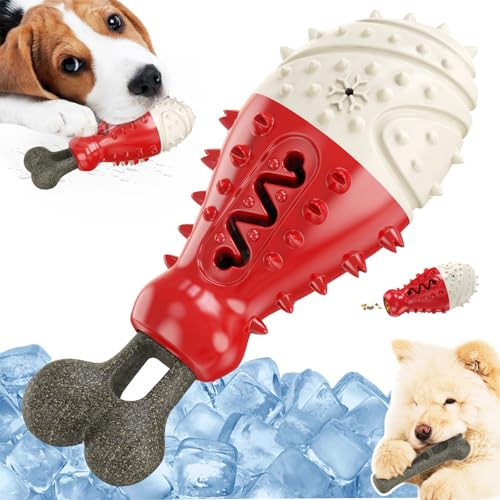 Natural Coffee Wood Dog Toy - Cooling Freezable TPR Teething Chew & Treat Dispensing Enrichment Toy - Sustainable for Small Medium Large Breeds (Red) - color: Red
