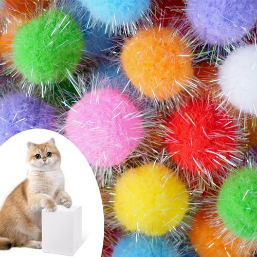 DF DUALFERV 60 Pcs Cat Pom Pom Balls, Interactive Cat Toys, Sparkle Balls for Cats, Extra Large and Fuzzy for Exercise and Entertainment, Multicolor, 1.5 Inch