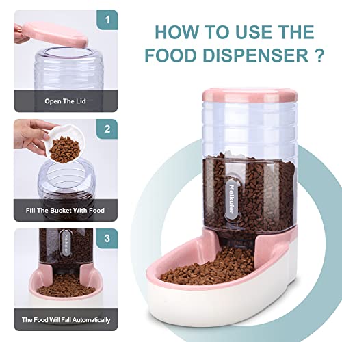 Meikuler Automatic Dog Cat Feeder and Water Dispenser Set,Waterer and Gravity Food Feeder for Small & Medium Dogs Cats Puppies,Large Capacity 1 Gallon x 2(Pink)