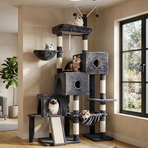 Hey-brother Cat Tree Tower, Scratching Posts with 3 Condos, Large Basket, Cozy Bed, Sisal Board, Step-by-Step Climbing Pathway and Toys, 74.8 inches Furniture for Big Indoor Cats, Smoky Gray MPJ081G - color: Smoky Gray, size: 74.8 inches