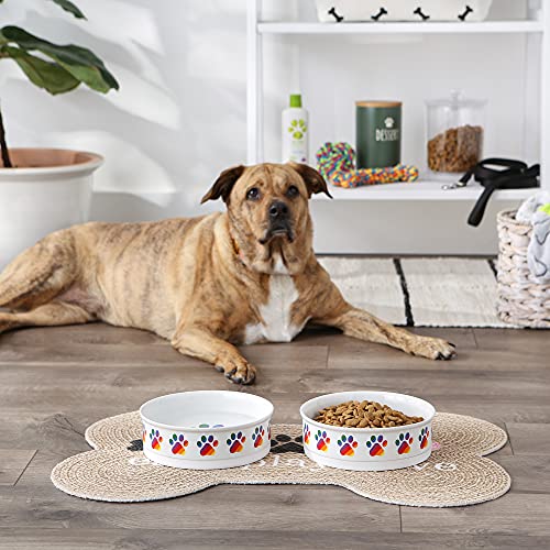 Bone Dry Ceramic Food Bowls, Non-Slip & Dishwasher Safe, Large Set, 7.5x2.4, Rainbow Paw, 2 Count - color: Rainbow Paw, size: Large Set, 7.5x2.4"