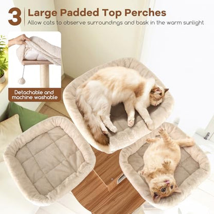 Tangkula Tall Cat Tree, 68 Inch Modern Wood Cat Tower with Sisal Scratching Posts, 3 Padded Perches, Condo, 2-in-1 Ladder, Dangling Balls, Washable Cushions for Indoor Cats Large Adult (Natural)