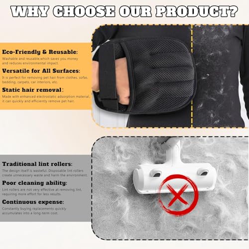 Upgraded Pet Hair Removal Glove for Cats & Dogs, Reusable Five-Finger Static Pet Glove with Adjustable Strap, Pet Hair Remover Tool On Clothes, Furniture, Laundry and Car Interior