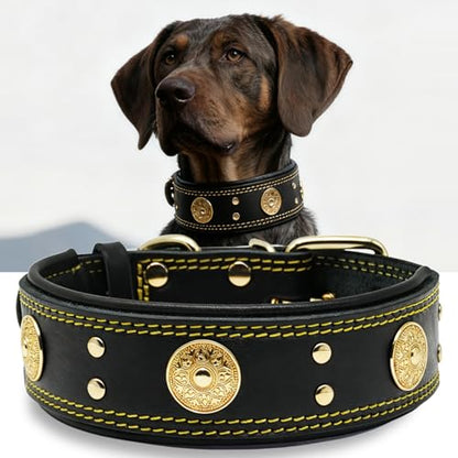 Leather Dog Collar, 2 inches Wide Heavy Duty Genuine Leather Collars, Handmade, Soft, and Luxury, Eye-catching Best Choice for Large and Medium Breed Dogs, Black-Gold 18.5-22.5 in - color: Black-Gold, size: 18.5-22.5 in
