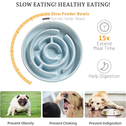 Ceramic Slow Feeder Dog Bowl,1.5 Cups Pet Slow Feeder for Small and Medium Breed,Puzzle Dog Food Dish,Anti-Gulping,Stop Bloat,Preventing Choking(Blue) - color: Blue