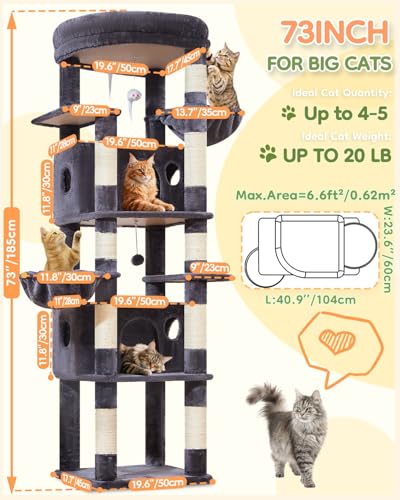 Taoqimiao Heavy Duty Cat Tree, 73in Cat Tower for Indoor Cats 25 lbs+, Extra Large Cat Tree, 2 Widen Condos, Enlarged Sleeping Platform, 9 Scratching Posts, 2 Cozy Baskets, Cat Toys, F30G Smoky Gray - color: Smoke Gray