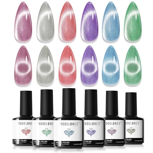 modelones Cat Eye Gel Nail Polish 6 Colors Red Green Silver Purple Blue Glitter Cat Eye Gel Polish Holographic 9D Semi-transparent With Magnet Soak Off Led Nail Art DIY Salon Gifts For Women Girl - color: A-1 Galaxy Cat Eye