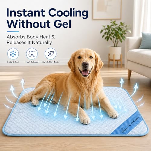 Pet Cooling Mat for Dogs & Cats – Ice-Silk Breathable Washable Foldable Cooling Blanket, Durable Portable Non-Slip Dog Bed for Crate, Kennel, Car & Outdoor Use, Blue 27.6 x 21.6in Medium - size: Medium