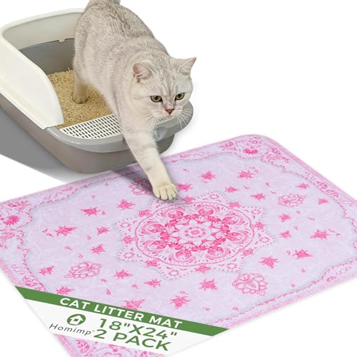 Cat Litter Mat, Litter Trapping Mat 2 Pack, Contains Mess from Box, Protects Floors,Urine Waterproof,Non-slip,Less Waste Cat Litter Box Mat,Soft on Kitty’s Paws,Washable,Absorbent,Pink 18"X24" - color: Pink, size: 18"x24"(Pack of 2)