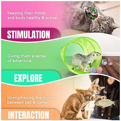 SunGrow Cat Tunnel and Assorted Activity Variety Pack, Interactive Kitten Accessories, for Indoors, Teaser Wand, Crinkle Balls, Bell Set, etc. (Assorted Toys, 30 Pieces)