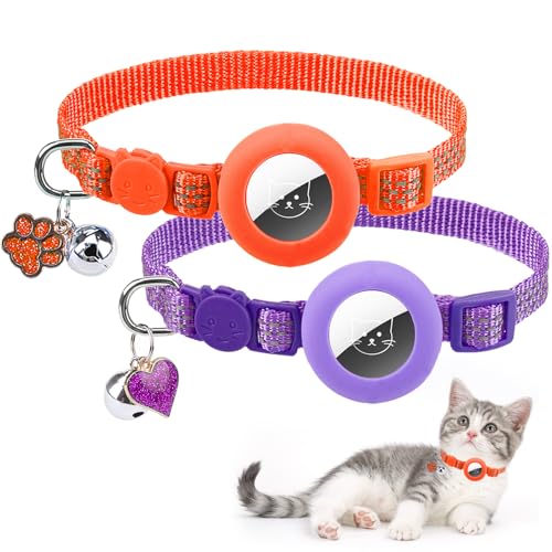 PUPTECK Airtag Cat Collar Breakaway 2 Pack with Bells, Reflective Kitten Collar with Air Tag Holder for Boy Girl Kitty and Puppies, Soft, Orange & Purple - color: Orange & Purple