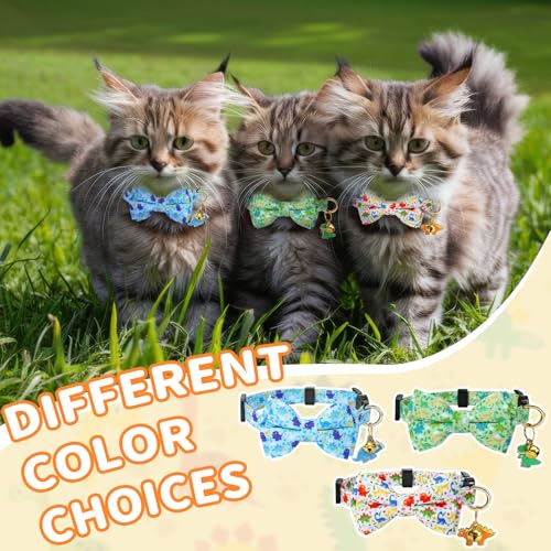 3 PCS Cat Collars with Bow Tie and Bell, Cat Collars Dinosaurs Pattern Breakaway Adjustable Cat Bow Tie Collars, Cute Bow Tie Suitable for Kittens Or Certain Puppies - color: Dinosaurs