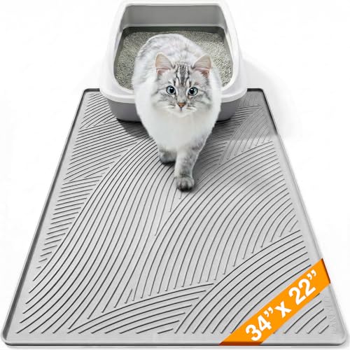 Cat Litter Box Mat - L Large Size 34 x 22 in, Water Proof, Kitty Litter Trapping Mat, Easy to Clean, Scatter Control, Odorless, Pet Supplies for Indoor Cats, Light Gray - color: Light Gray, size: 34"L x 22"W