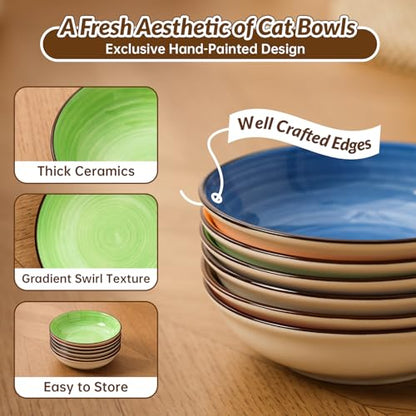 Colorful Ceramic Cat Bowls Set, 6 Pack Whisker-Friendly Cat Dishes for Food and Water, 5.7" Wide and Shallow Plates for Dry Wet Food, Ideal for Multi-Pet Homes, Microwave & Dishwasher Safe
