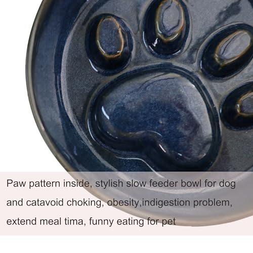 Ceramic Slow Feeder Bowl, 6.69 x 5.7 inches, Elevated Design with Paw Pattern, for Cats and Small Dogs (Dark Blue) - color: Dark Blue