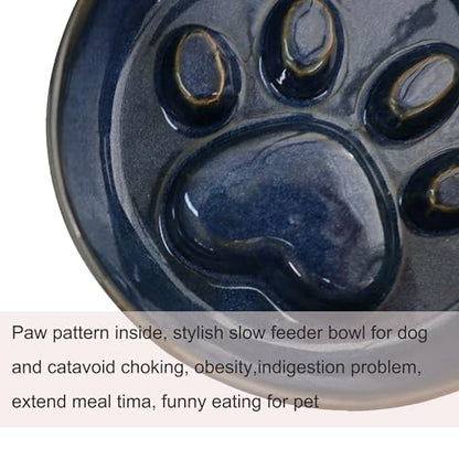 Ceramic Slow Feeder Bowl, 6.69 x 5.7 inches, Elevated Design with Paw Pattern, for Cats and Small Dogs (Dark Blue) - color: Dark Blue