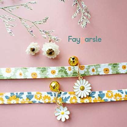 2 Pack Cotton Breakaway Cat Collars with Bell Daisy Pendant Kitty Kitten Collars Green Orange Collar for Female Girl Cats Male Boy Cats - color: Green&Orange