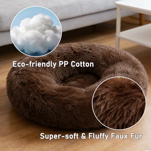 Calming Donut Dog Beds for Small Dogs Cats - Washable Removable Cover Non-Slip Bottom, Round Pet Bed Puppy Bed Warming Fluffy Faux Fur Anti-Anxiety, Fits up to 25 lbs (Coffee, 23") - color: Coffee, size: 23"L x 23"W x 8"Th