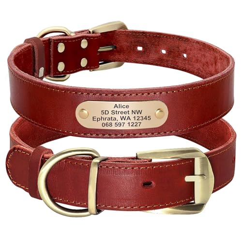 Didog Genuine Leather Dog Collars with Engraved Nameplate, Personalized Soft Leather Dog Collar with Custom ID Tag, Brown/Green/Red for Medium Large Dogs (XL,Red) - color: Red, size: XL: Fit Neck 18-23"(44-72 lbs)