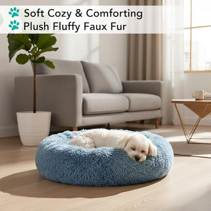 PetAmi Calming Dog Bed for Small & Medium Dogs and Cats, 23 Round Donut Dog Bed, Washable Fluffy Faux Fur Puppy & Cat Bed, Anti-Anxiety Plush Cuddler Pet Bed with Anti-Slip Bottom - Blue - color: Dusty Blue, size: Small - 23"