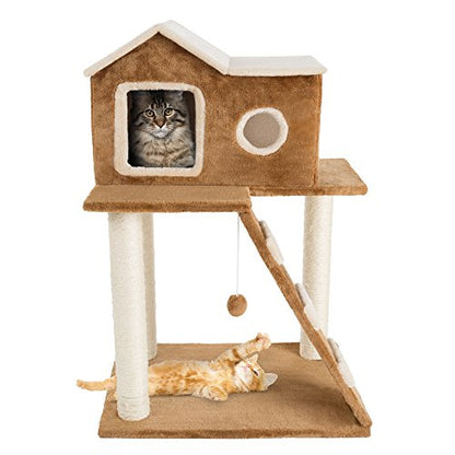 35in Cat Tree with Climb-Up Ladder, Cat Condo, 3 Sisal Rope Cat Scratching Posts, and Hanging Toy - Cat Tower for Indoor Cats by PETMAKER (Brown)