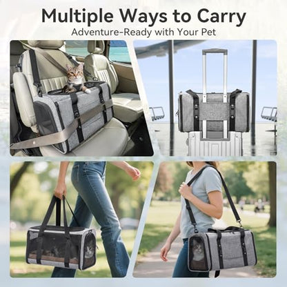 PETSFIT Soft-Sided Cat Carrier with Patented Safety Buckles, Lockable Zippers & Safety Tether,Escape-Resistant Travel Pet Carrier for Car Rides & Vet Visits, Airline Approved Under-Seat, Up to 12 lbs - color: Gray, size: Medium