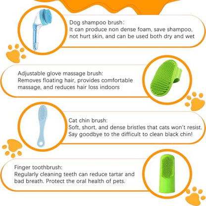 7 PCS Pet Bath Brush Set, Dog Bath Brush with Shampoo Dispenser, Cat Chin Cleaning Brush, Dog Toothbrush, Adjustable Glove Massage Brush, Pet Scrubber for Bathing Long Short Haired Dogs Cats - color: Blue