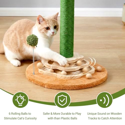 Cactus Cat Scratching Post Cat Tree, Cute Cat Scratching Post with Interactive Ball Two-Layer Track Spring Ball Toys, Standing Sisal Cactus Cat Scratcher for Indoor Cats and Kittens