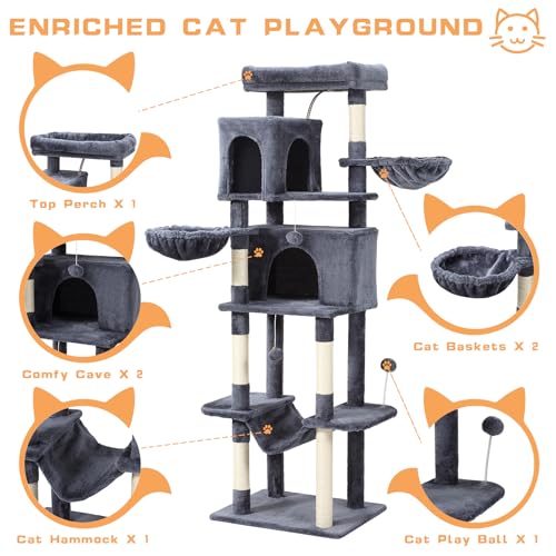 Letkind 70-Inch Cat Tree,Large Cat Tree Tower with Hammock, Scratching Post, Condo and Multi-Level Cat Tower for Large Cats, Cat Activity Center Playhouse, Dark Gray LCT016 - color: Deep Grey