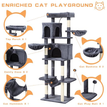 Letkind 70-Inch Cat Tree,Large Cat Tree Tower with Hammock, Scratching Post, Condo and Multi-Level Cat Tower for Large Cats, Cat Activity Center Playhouse, Dark Gray LCT016 - color: Deep Grey