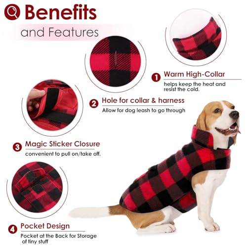 AOFITEE Reversible Dog Coat, Warm Winter Jacket, Thick Padded Vest with Leash Hole, Cotton Material, Plaid Print, Small (23'' Chest) - color: Red, size: Small