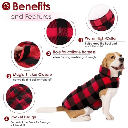 AOFITEE Reversible Dog Coat, Warm Winter Jacket, Thick Padded Vest with Leash Hole, Cotton Material, Plaid Print, Small (23'' Chest) - color: Red, size: Small