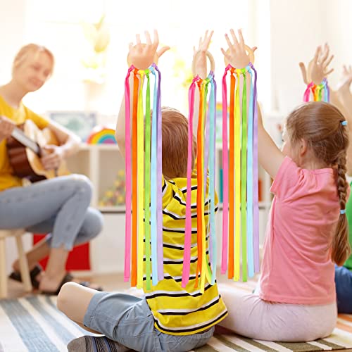 Sumind 6 Pcs Rainbow Ribbon Hand Kites Wands for Kids Dancer Streamer String Toy Thrown Waldorf Wand with Wooden Ring Wand Learning Educational(Fresh Colors) - style: Fresh Colors