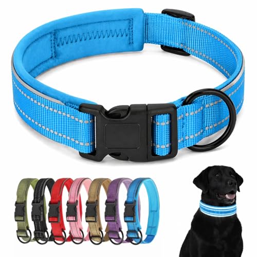 Large Reflective Dog Collar with Quick Release Plastic Buckle Padded Nylon Waterproof Adjustable Comfortable for Girl Large Dogs - color: Blue, size: L：Width 1.18" Length 16.1-18.9"