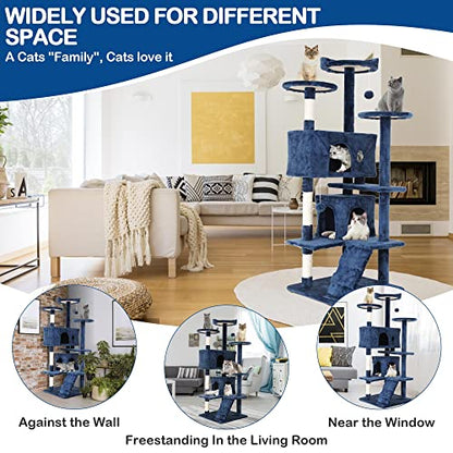 Cat Tree, 54'' Tall with 3 Scratching Posts, 3 Platforms, 2 Condos, for Indoor Cats - color: Navy Blue