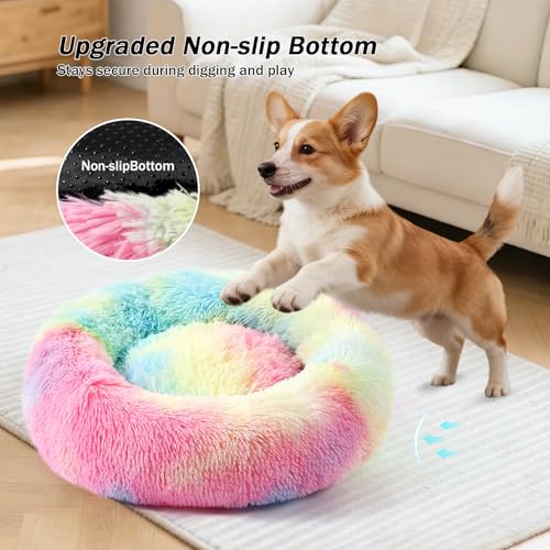 Calming Donut Dog Bed for Small to Medium Dogs & Cats - Plush Faux Fur Anti-Anxiety Pet Bed with Machine Washable Cover & Non-Slip Base - color: Rainbow, size: X-Small 15.7''
