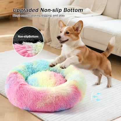 Calming Donut Dog Bed for Small to Medium Dogs & Cats - Plush Faux Fur Anti-Anxiety Pet Bed with Machine Washable Cover & Non-Slip Base - color: Rainbow, size: X-Small 15.7''