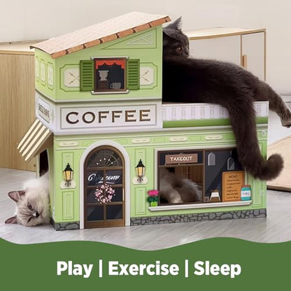 SMILE PAWS Cat Beds for Indoor Cats, Cardboard Cat House with Scratchers, Coffee Shop, Large Sturdy Cat Furniture Condo Cave Tent, Easy to Assemble Pet Toys Accessories Stuffs, Bunny Small Animals - style: Coffee Shop