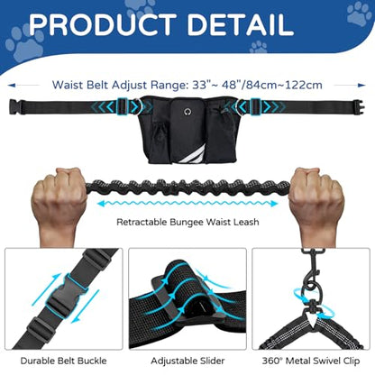 Skmeditec Hands Free Double Dog Leash with Waist Bag for Walking Two Dogs, Shock Absorbing Bungee Leash with Zipper Pouch for Running, Dual Padded Handles & Adjustable Waist Belt - size: 2 Dogs