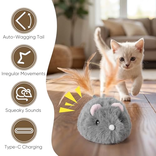 Moving Cat Toy Cat Mouse Toy with Automatically Wagging Tail Plush Mouse Toys for Cats 2026 Upgraded Interactive Cat Toy Squeaky Mouse