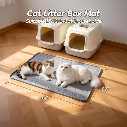 Large Cat Litter Mat, 34" x 22" Cat Litter Box Mat, Silicone Litter Trapping Mat, Soft on Kitty Paws & Easy to Clean for Floor, Waterproof/Urineproof Litter Pad for Indoor Cats - size: 34" × 22"