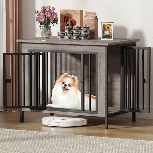EasyCom Dog Crate Furniture for 1 or 2 Dogs, Heavy Duty Single/Double Dog Crates for Small/Medium/Large Dogs, Dog Kennel Furniture Indoor as TV Stand, Medium Size 31.5" L(20-35 Pounds), Oak Grey - color: Oak Grey, size: 31.5"L x 23.6"W x 27.9"H