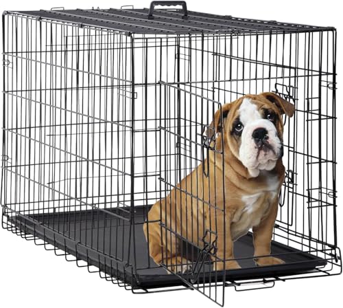 30 Inch Dog Crate,Medium Dog Crate with Double Door Divider Panel Handle,Folding Metal Wire Dog Cage Animal Crates with Plastic Leak-Proof Pan Removable Tray Pet Kennel for Indoor Outdoor Travel,Black - color: Black, size: 30 inch