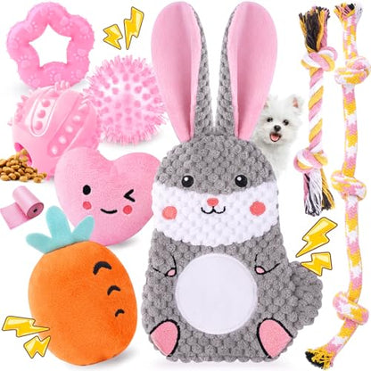 Zeaxuie Pink Puppy Toys for Teething - 9 Pack Small Dog Set With Chew, Squeaky Crinkle, Treat Ball and Interactive Rope for Puppies - color: 9 Pack (Pink-Bunny)